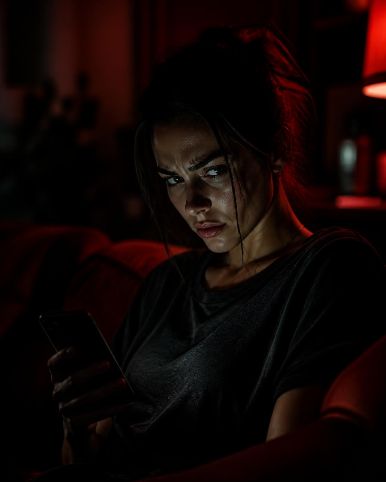 Mulher analisando mensagens suspeitas no celular durante a madrugada